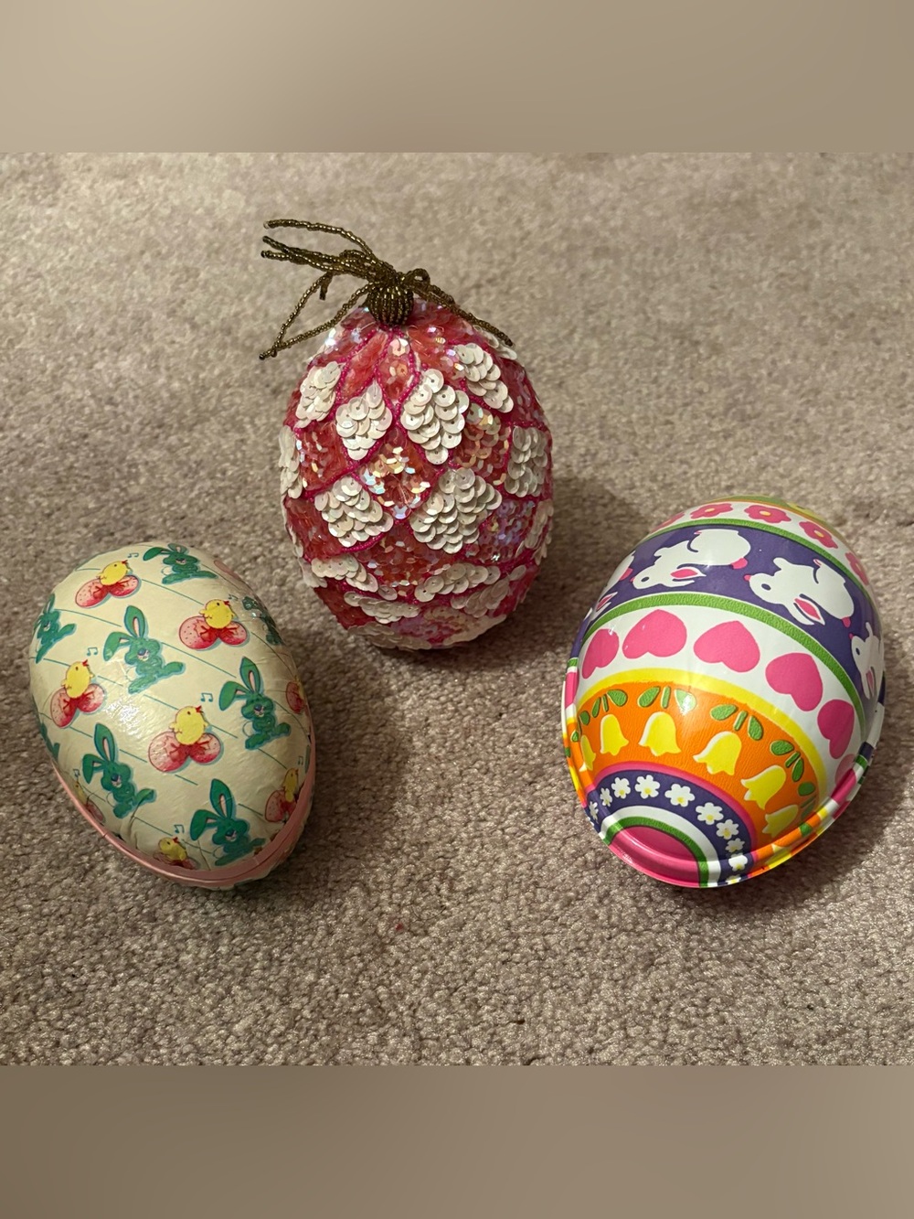 Holiday Decorative Egg containers - set of 3 - one is sequin - Easter bunny